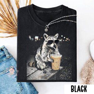 Raccoon Drinking Coffee Shirt, Funny Animal Meme Black Tee